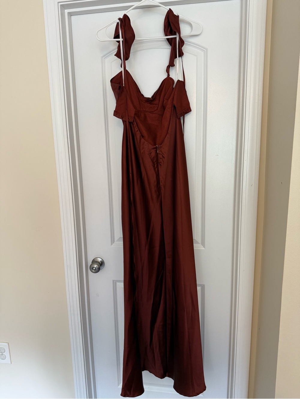 Lulu's Rust-Brown Satin Ruffle-Shoulder Maxi Dress - Picture 2 of 4